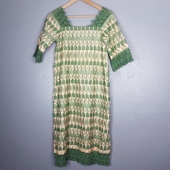 Green Cream Leaf Embroidered Lined Shift Dress - Picture 1 of 6
